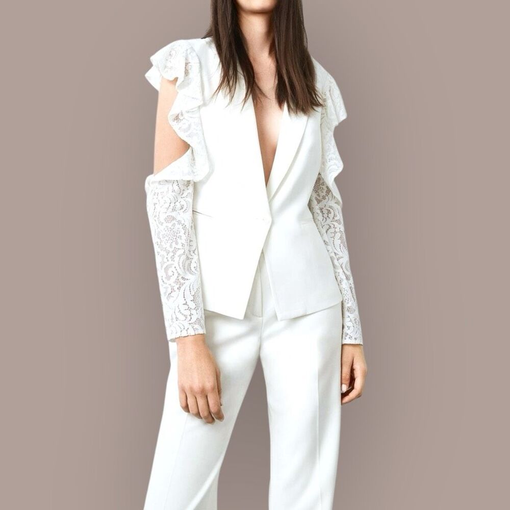 BCBG MAXAZRIA Abel Cold-Shoulder Lace Blazer Off White | Size S | NWT